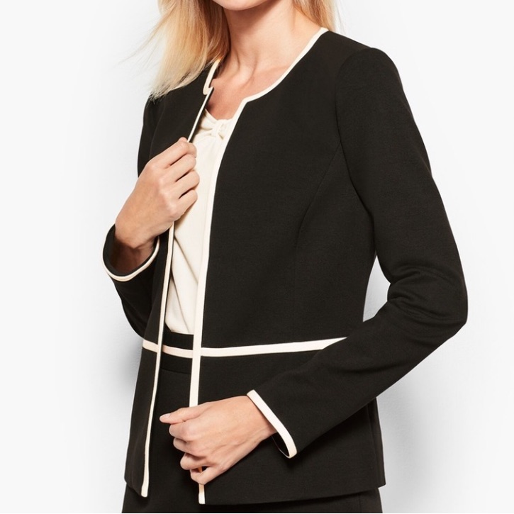 Talbots Black White Trim Open Front Fabric Knit In Italy Blazer Size 14p